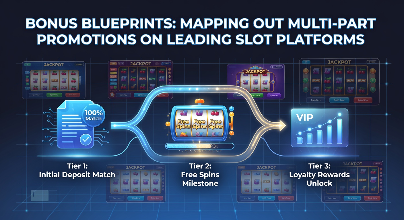 Visual blueprint diagram showing interconnected stages of a multi-part slot promotion, with icons for spins, milestones, and rewards