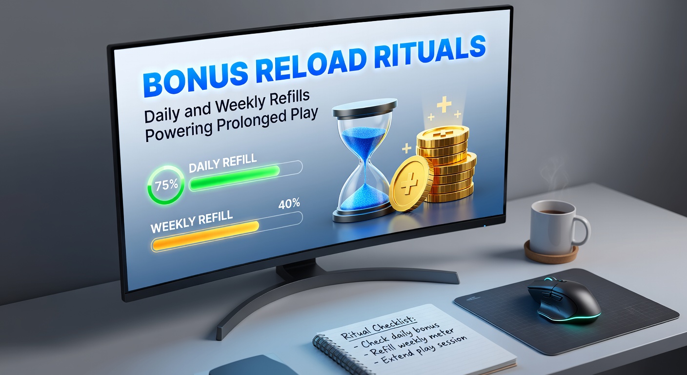 Vibrant slot machine screens displaying reload bonus notifications with coins and spinning reels in a dynamic casino environment