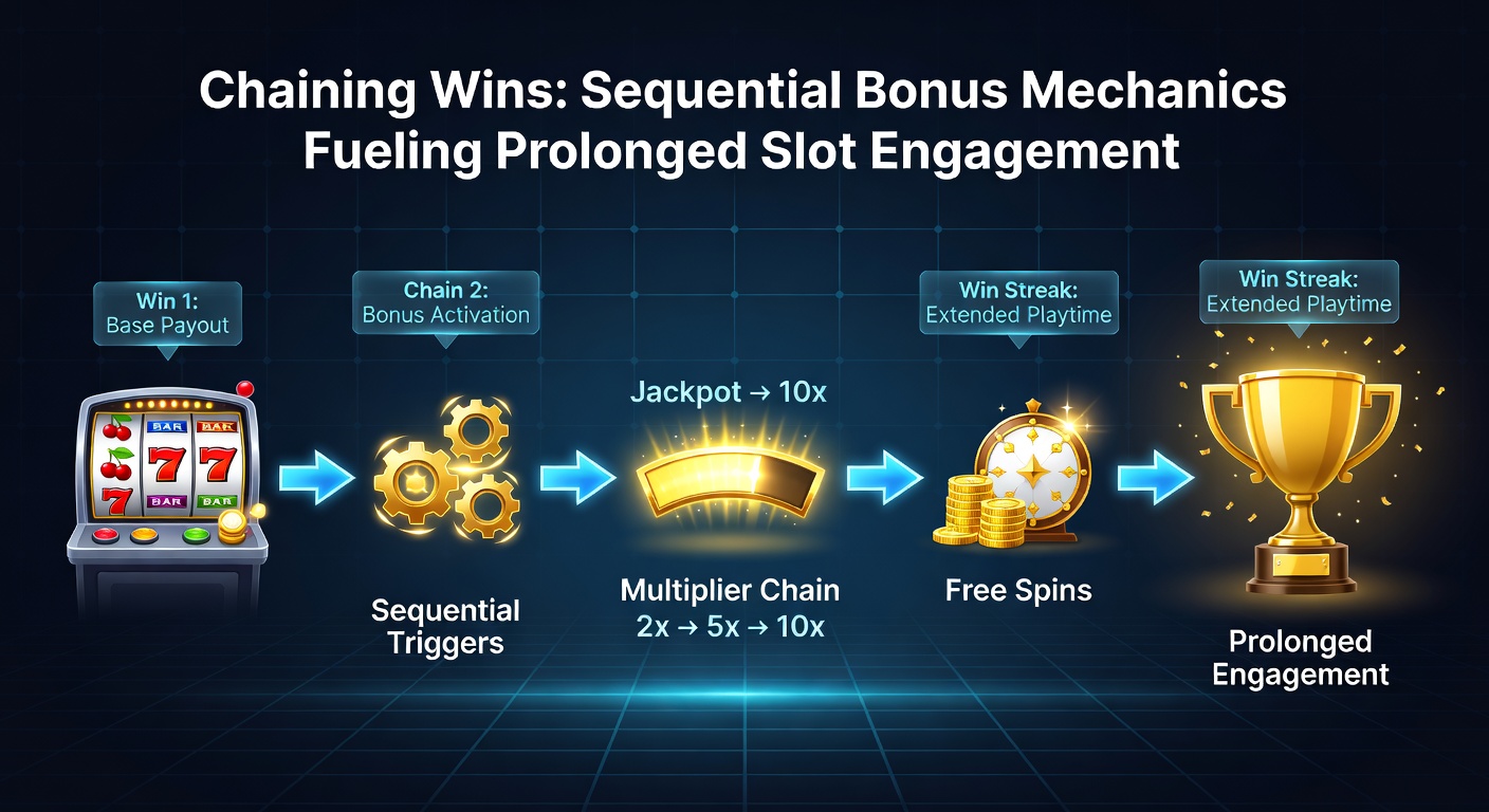 Close-up of a slot bonus chain in action, with exploding symbols, rising multipliers, and a meter filling toward the next sequential trigger amid colorful graphics and win animations