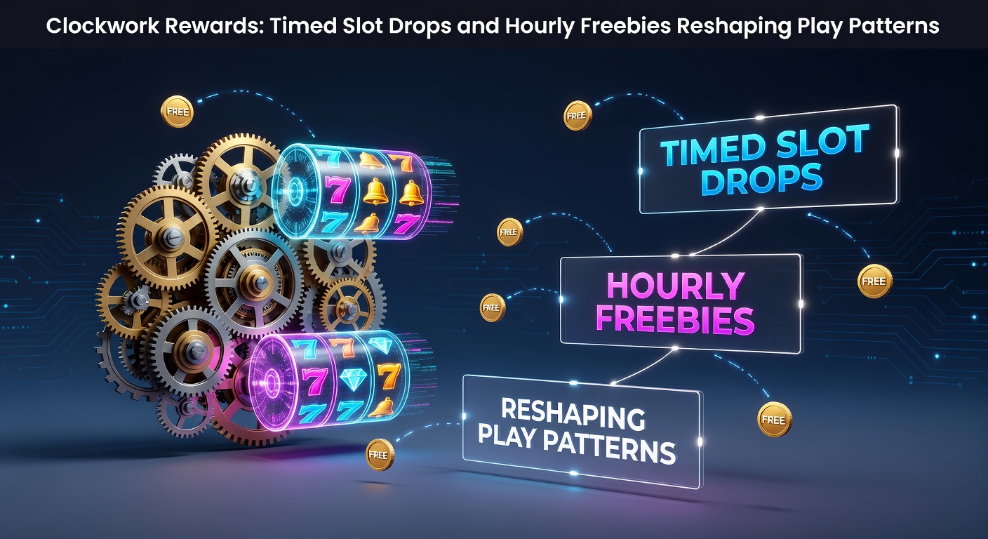 Digital clock overlay on vibrant slot machine reels showing timed bonus drops and hourly free spin notifications