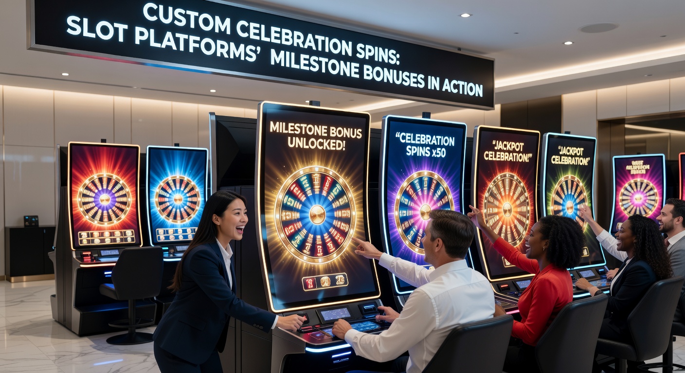 Vibrant slot machine reels spinning with celebratory confetti and bonus icons highlighting milestone achievements on a digital gaming platform