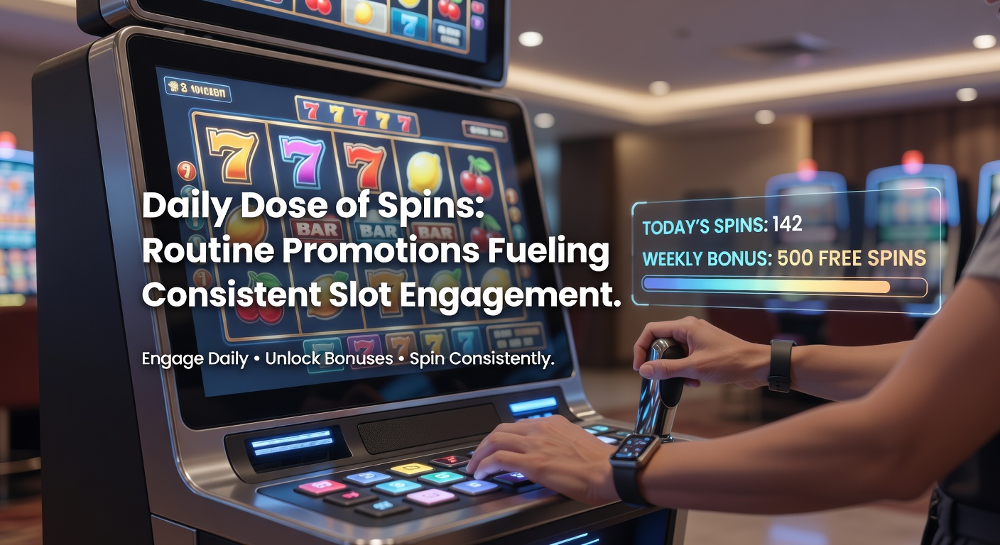 Colorful slot machine display highlighting a daily free spins bonus popping up on screen, with reels spinning in the background