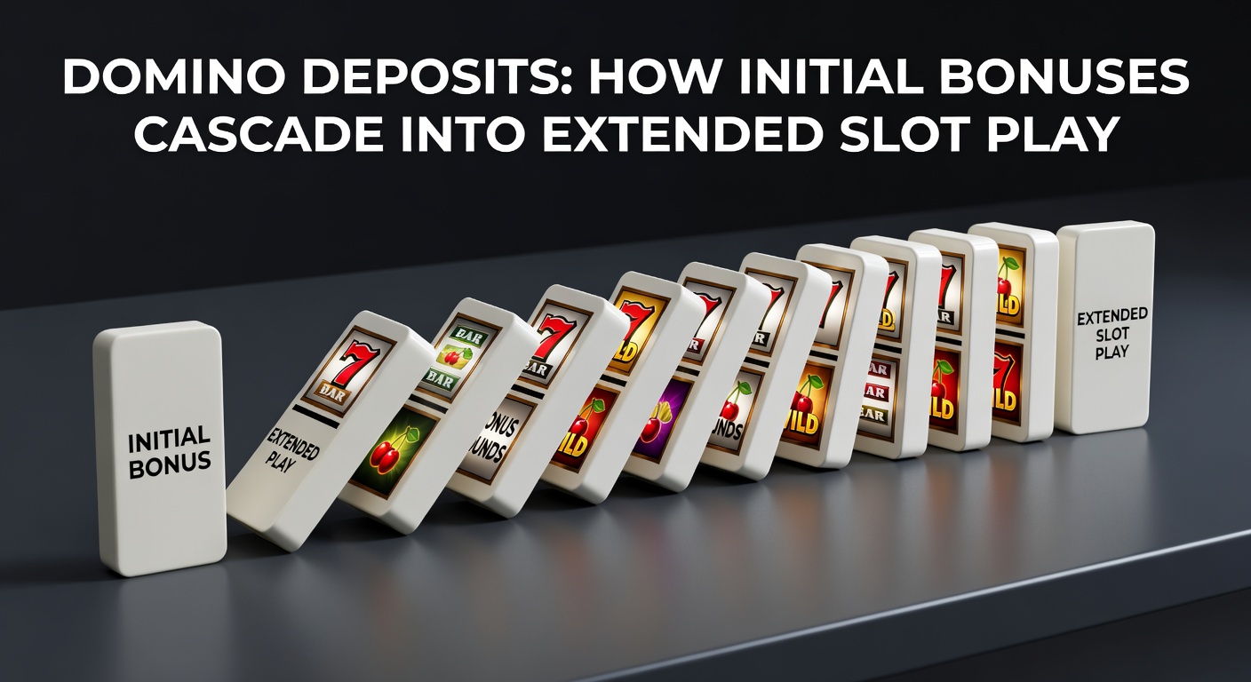 Visual representation of falling dominoes symbolizing cascading bonuses from an initial deposit in online slots