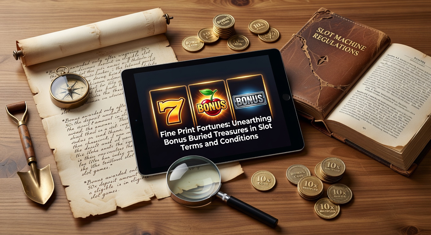 Close-up of slot machine terms and conditions document with highlighted bonus clauses under a magnifying glass, revealing hidden reward symbols