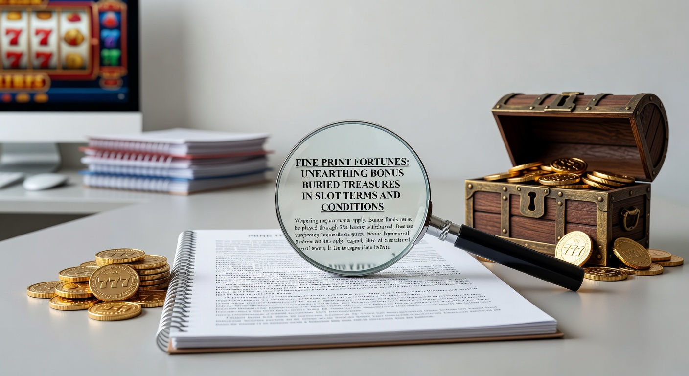 Illustration of a treasure chest overflowing with slot coins and free spin icons emerging from a stack of legal documents, symbolizing hidden bonuses in T&Cs