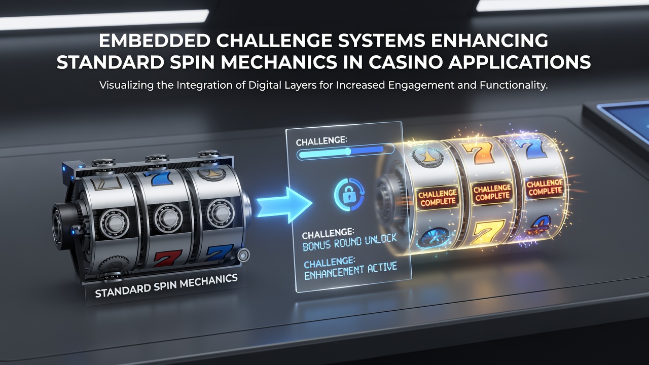 Screenshot of casino application interface with embedded challenges displayed alongside active reel spins