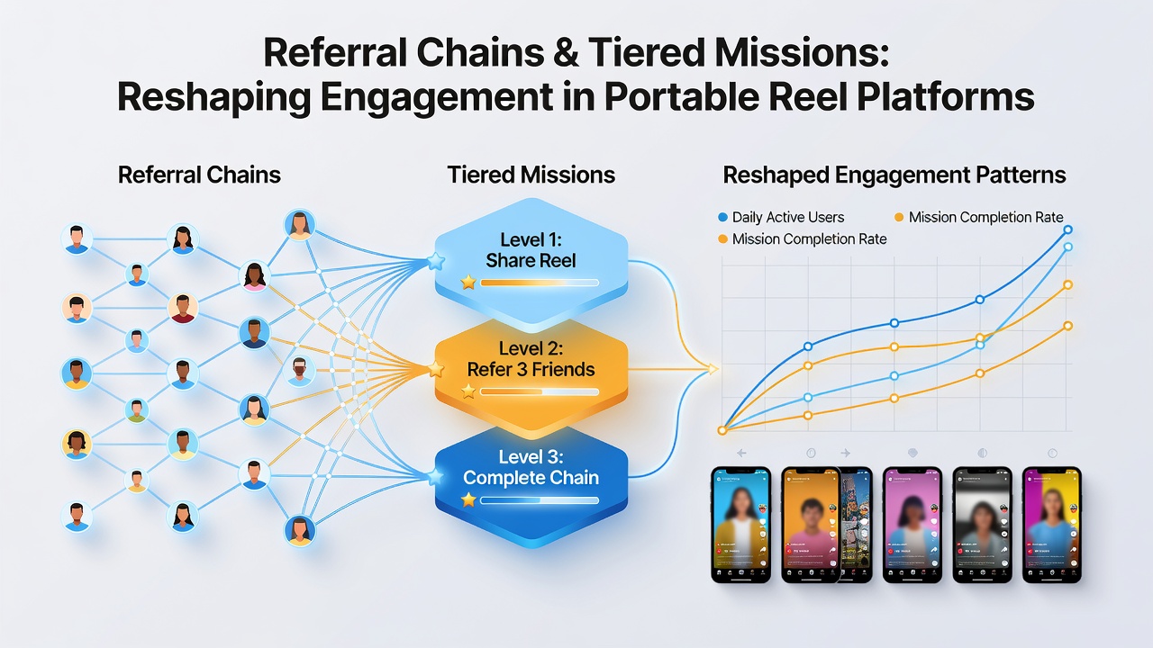 Diagram showing tiered mission progression levels in portable reel applications with engagement metrics