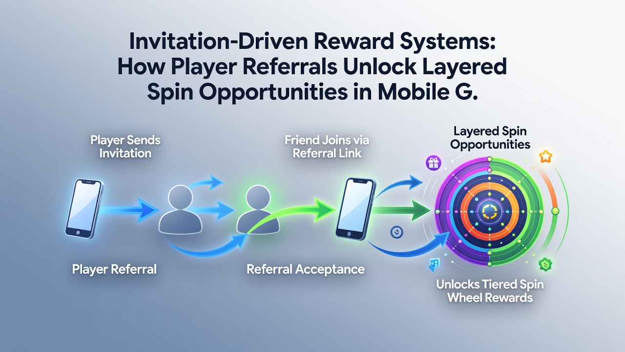 Illustration of connected player networks with progressive spin reward tiers and mobile slot interfaces