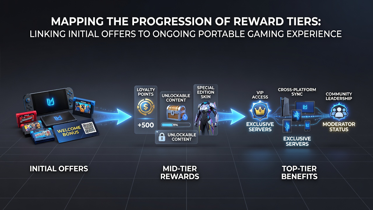 Flowchart showing mobile gaming reward tiers from entry offers through ongoing engagement stages