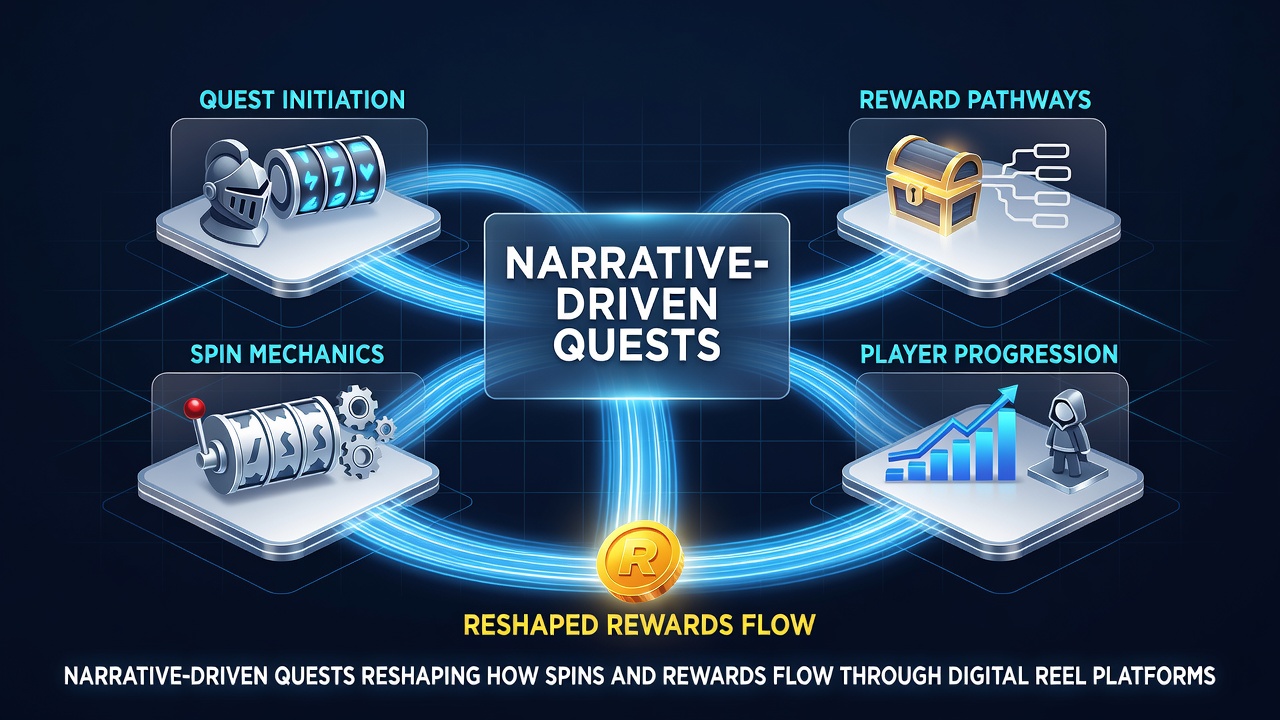Player dashboard showing quest progress bars overlaid on reel gameplay with connected bonus nodes