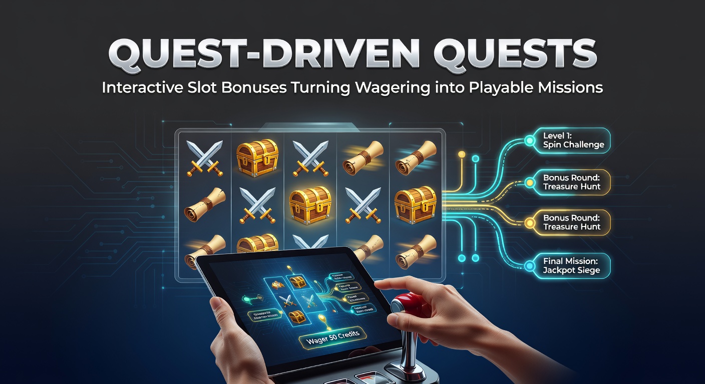 Vibrant slot screen showing a quest map with interactive missions, treasure icons, and bonus progress bars glowing in an adventurous fantasy theme