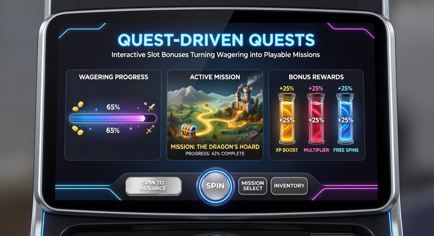Dynamic close-up of a slot bonus quest interface with player choices, animated characters, reward meters filling up, and epic fantasy backgrounds
