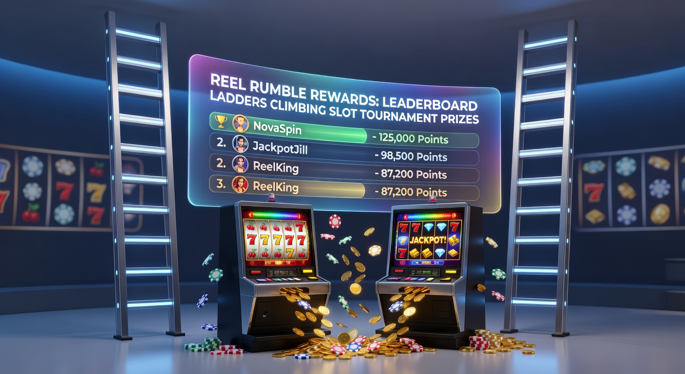 Vibrant leaderboard display from Reel Rumble Rewards showing players climbing ladders toward top prizes in a slot tournament