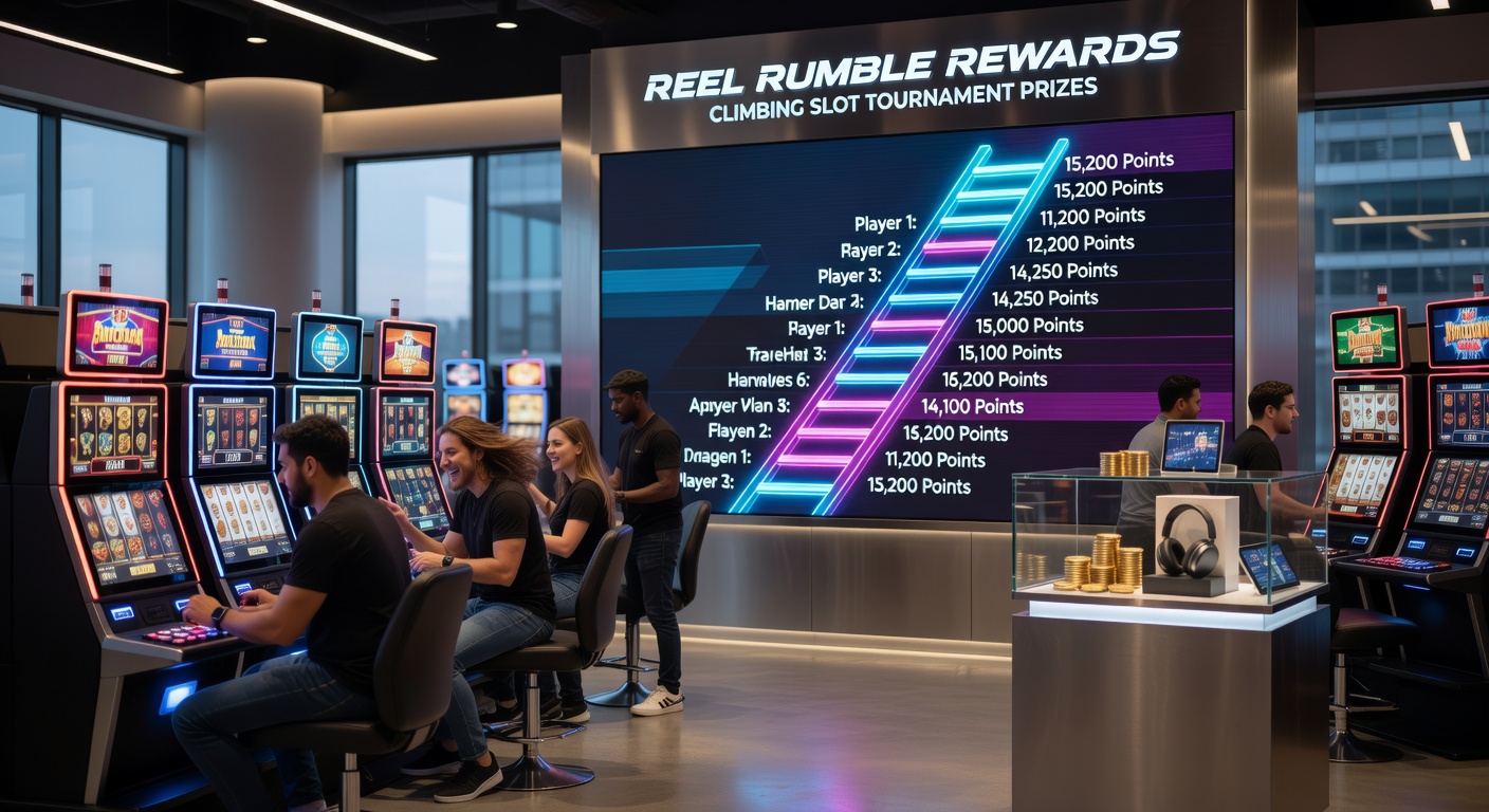 Dynamic screenshot of a player mid-climb on a Reel Rumble Rewards ladder, surrounded by glowing prize icons and tournament stats