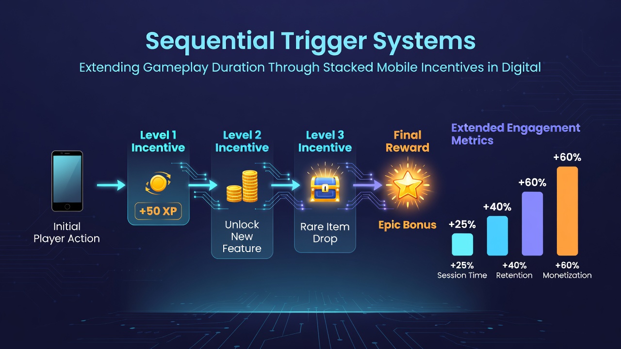 Mobile interface showing stacked incentives progressing through sequential triggers during reel gameplay