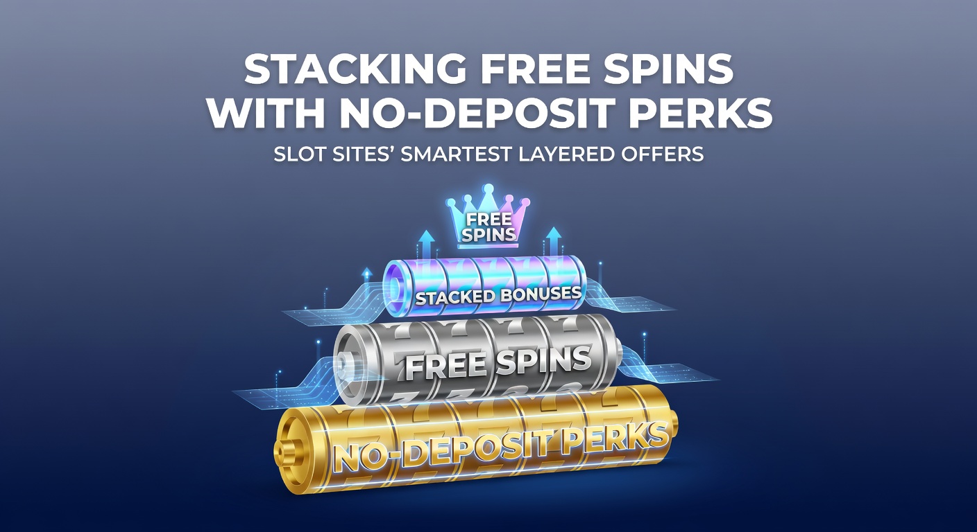 Vibrant slot machine reels spinning with overlaid bonus icons representing free spins and no-deposit perks stacking together
