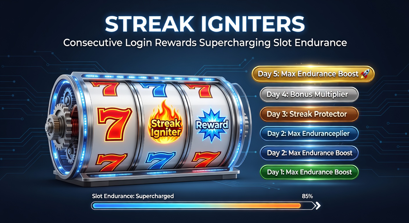 Vibrant slot machine reels spinning with glowing streak counters and reward icons building up day by day