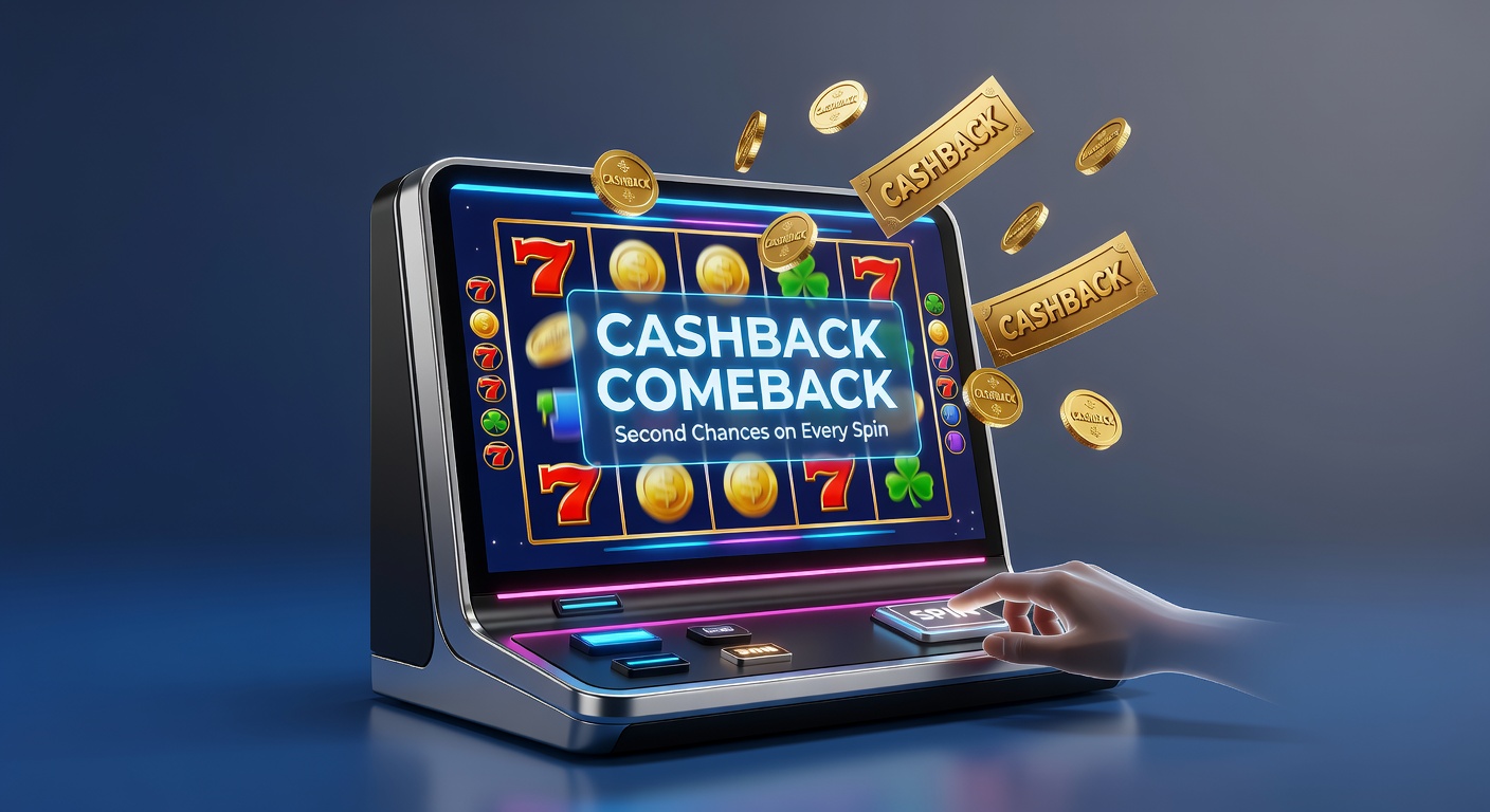 Vibrant slot reels glowing with cashback icons, symbolizing second chances in promotions