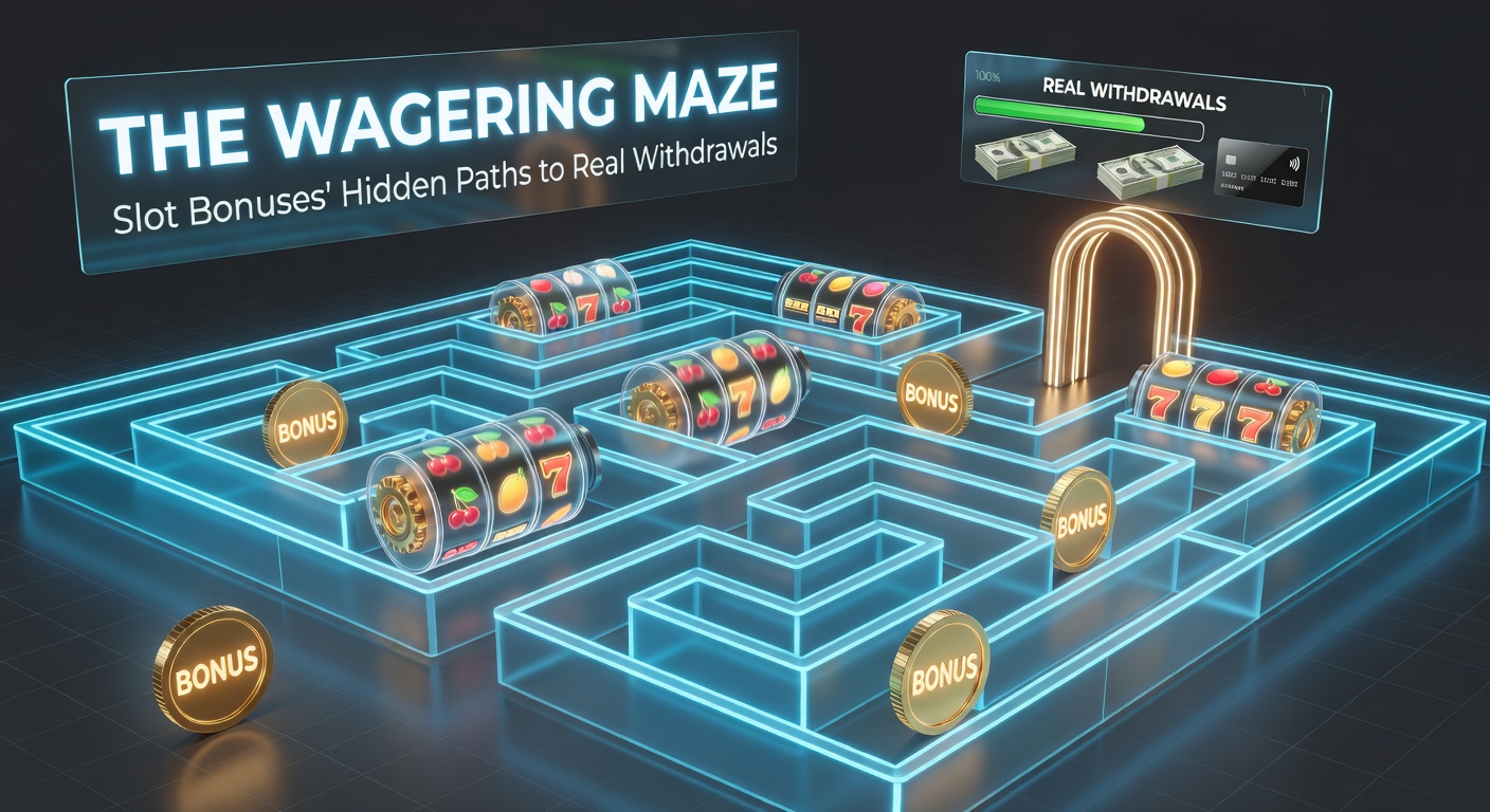 A intricate maze graphic overlaying slot reels, symbolizing the complex wagering requirements players navigate to reach cash withdrawals