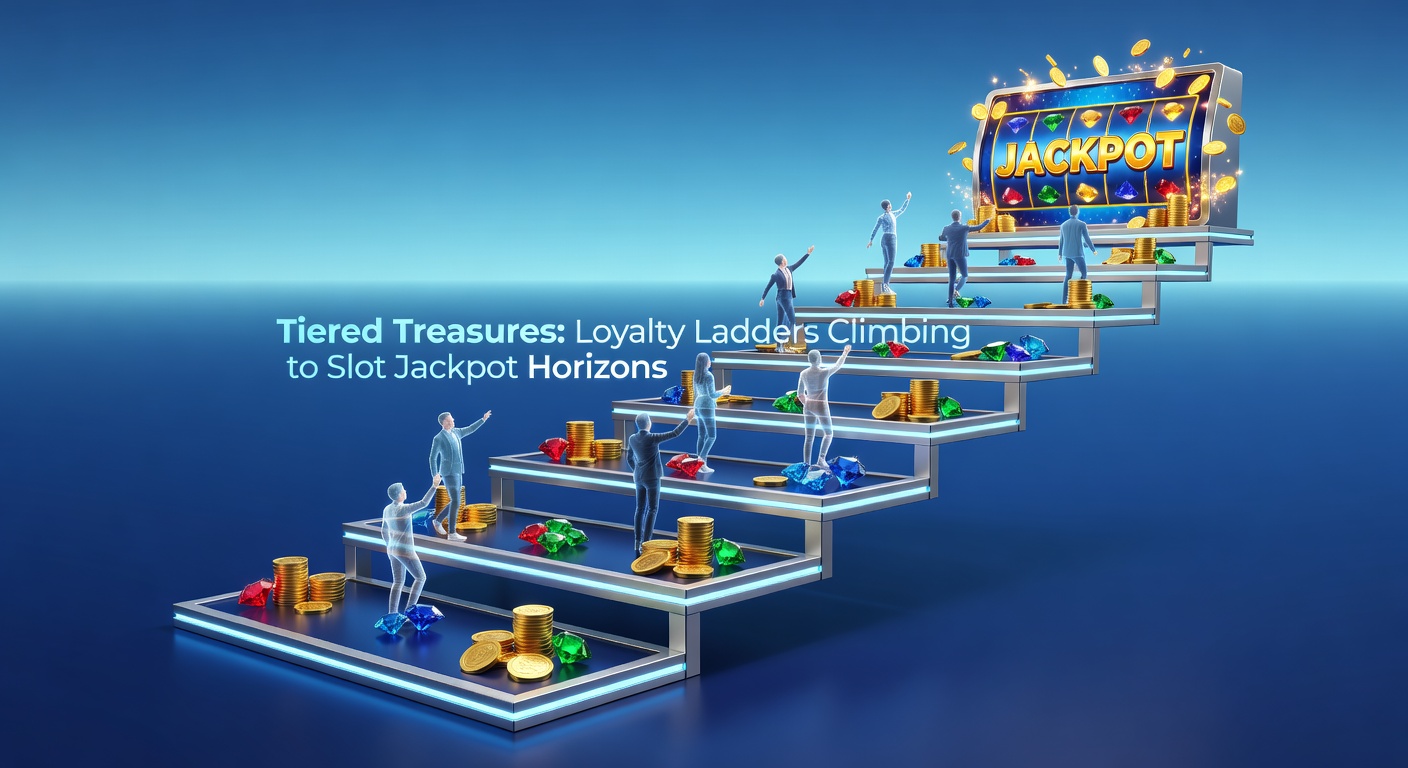 Graphic illustration of a loyalty ladder with tiers from bronze to diamond, ascending toward glowing jackpot symbols and treasure chests overflowing with coins
