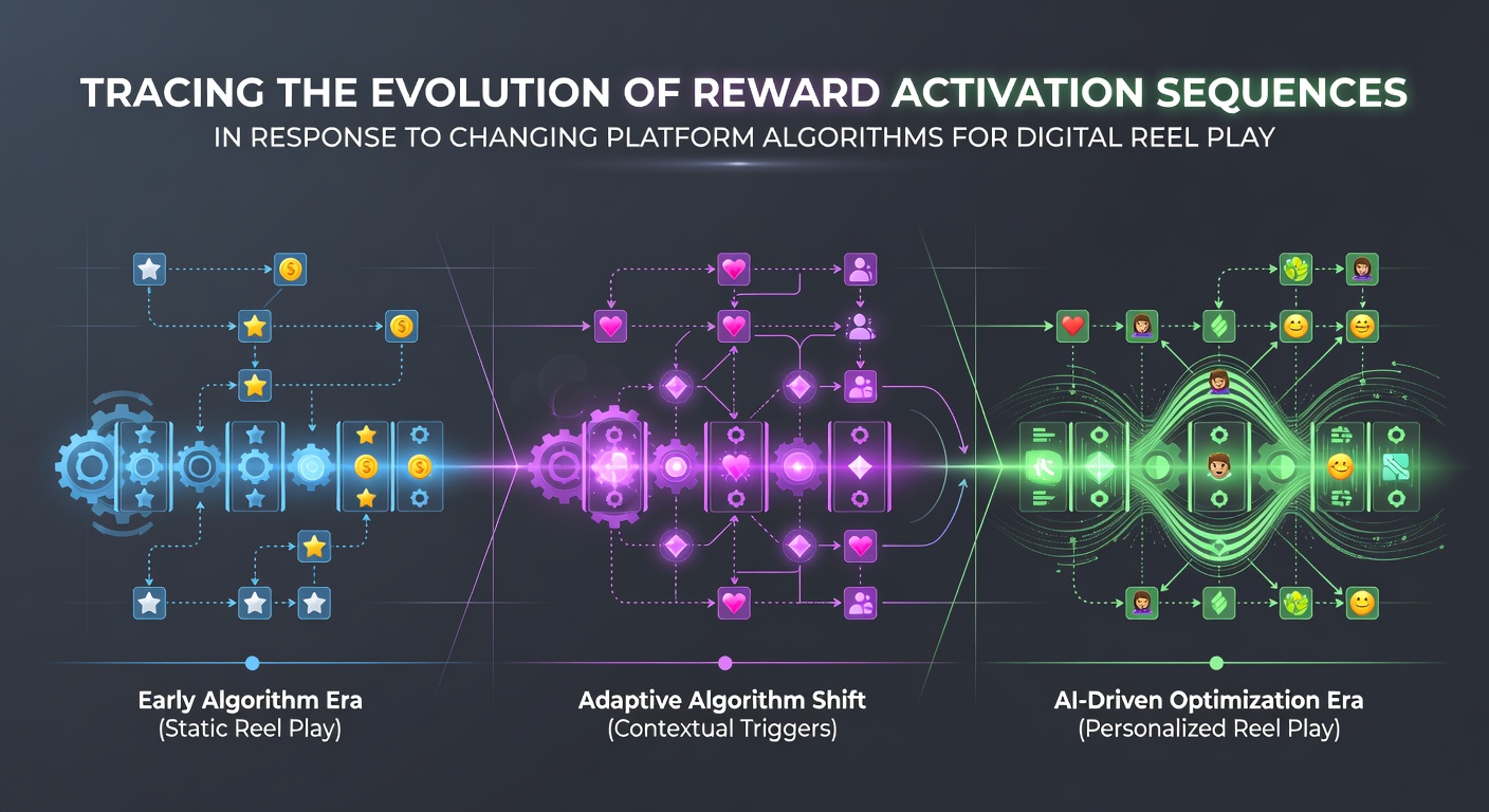 Visual representation of evolving digital reel reward sequences and algorithmic changes over time